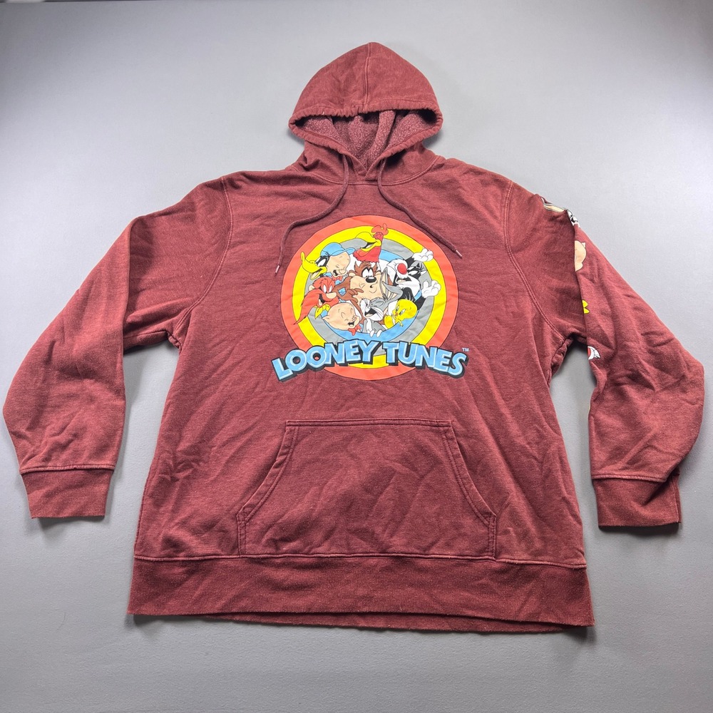 Looney Tunes Hoodie Mens 2XL (50/52) Red Cartoon Character Graphic Fleece Lined
